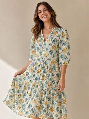 Paul & Joe Cream Midi Dress – Yellow & Blue Floral Print, Size Large in EUC